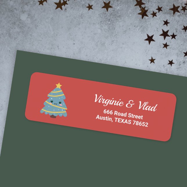 Red return address label with Kawaii Xmas Tree (Red return address label with Kawaii Xmas Tree)