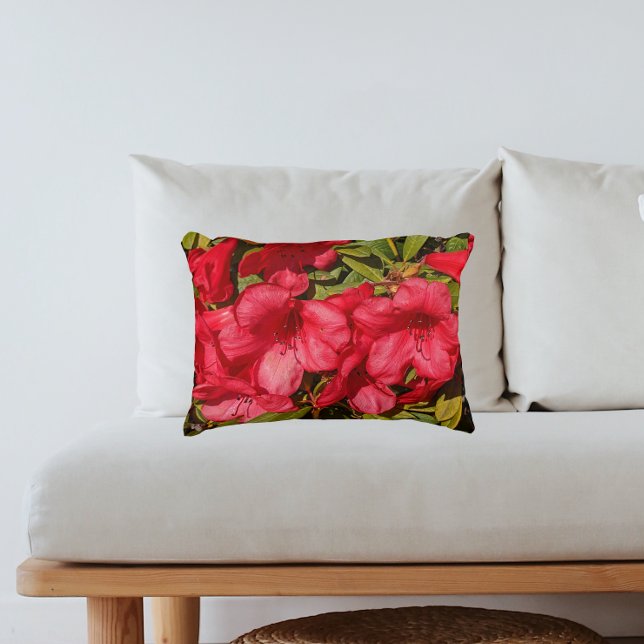 Red Rhododendron Blooms Floral Accent Pillow (In Situ Sofa)