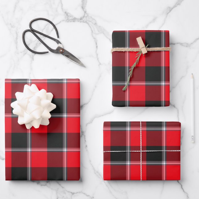 Red Ribbon and Heavy Metal Plaid Wrapping Paper Sheet (Front)