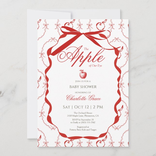 red ribbon apple baby shower invitation (Front)