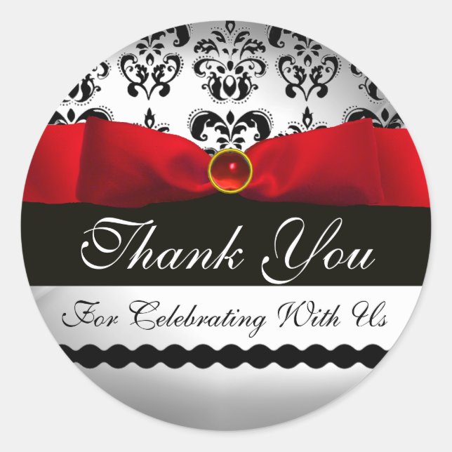 RED RIBBON  BLACK & WHITE DAMASK CLASSIC ROUND STICKER (Front)