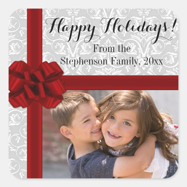 Red Ribbon Bow Christmas Photo Square Sticker (Front)