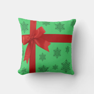 Red Ribbon Bow Green Christmas Snowflakes  Throw Pillow