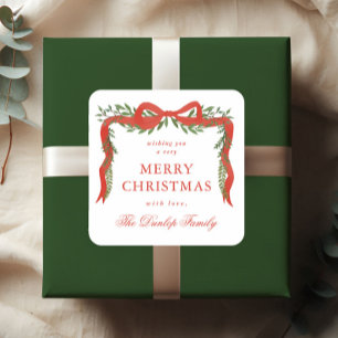 Red Ribbon Bow Greenery Christmas Gift Tags
