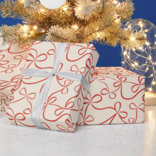 Red Ribbon Bows on Cream White Modern Holiday Wrapping Paper