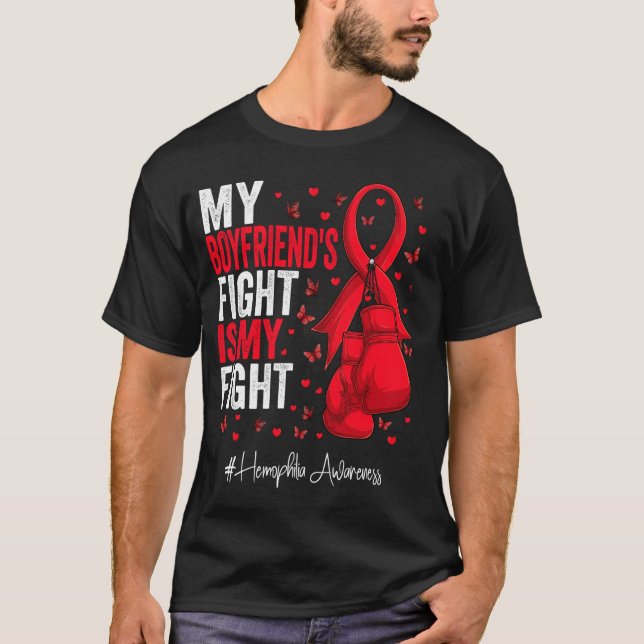 Red Ribbon Boyfriend Hemophilia Awareness T-Shirt (Front)