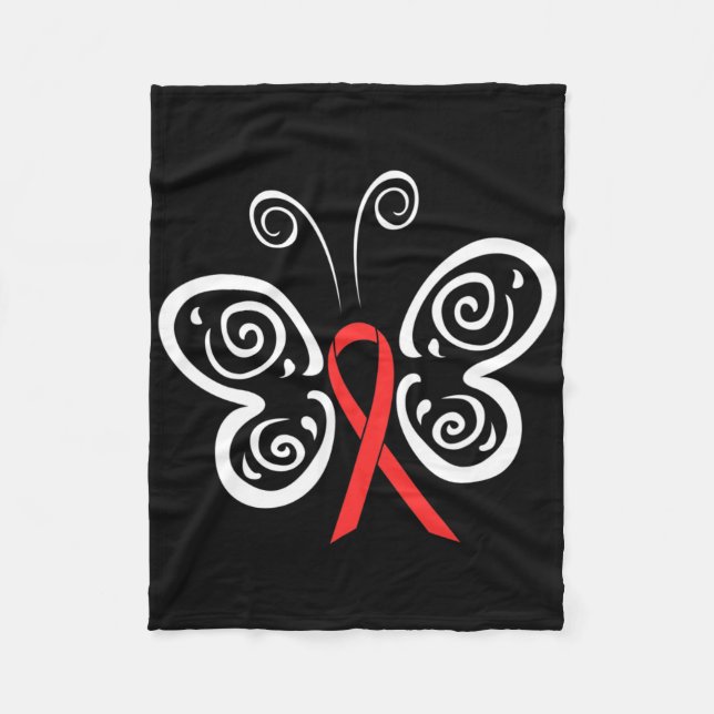 Red Ribbon Butterfly Blood Cancer Hiv Aids Awarene Fleece Blanket (Front)