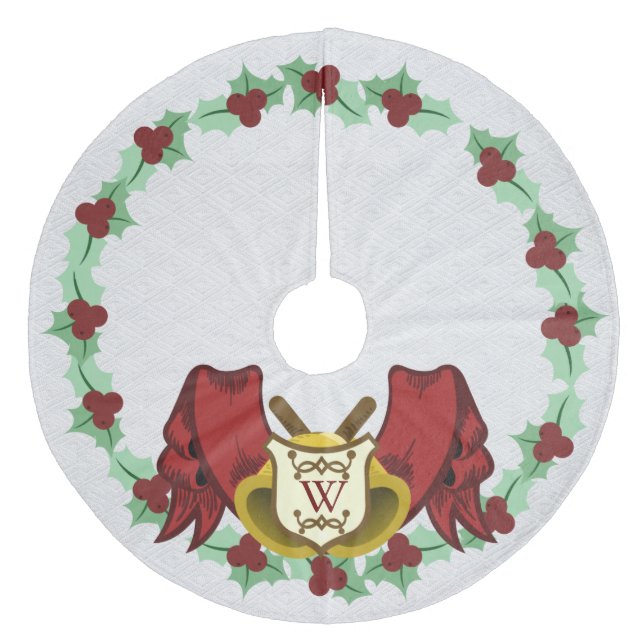 Red Ribbon Christmas Bells & Holly - Personalized Fleece Tree Skirt (Front)