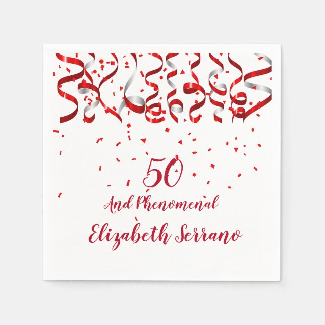 Red Ribbon & Confetti 50th Birthday Party Cocktail Napkin (Front)