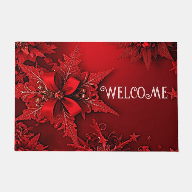 Red Ribbon Floral Holiday Christmas Doormat (Front)