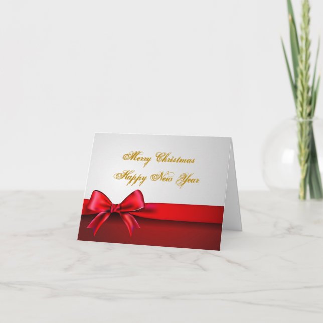Red Ribbon Folded Christmas Greeting Card (Front)
