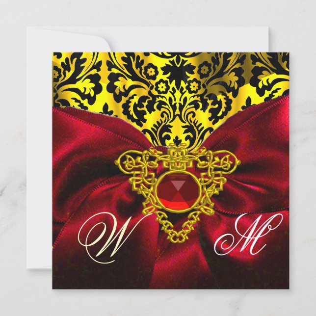 RED RIBBON GOLD CELTIC HEART  DAMASK MONOGRAM INVITATION (Front)