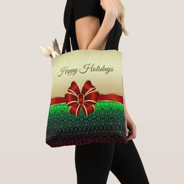 Red Ribbon Gold Holiday Tote Bag (Close Up)
