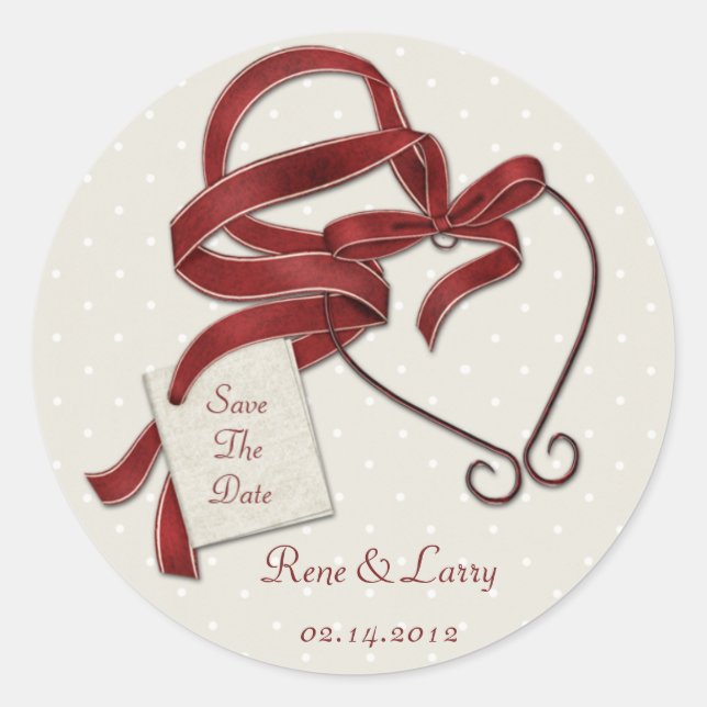 Red Ribbon Heart Save The Date Sticker (Front)