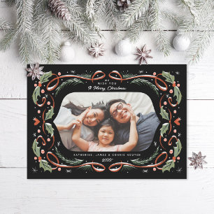 Red Ribbon Hearts Holly and Pine Photo Holiday Card