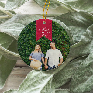 Red Ribbon   Holiday Photo Ceramic Ornament