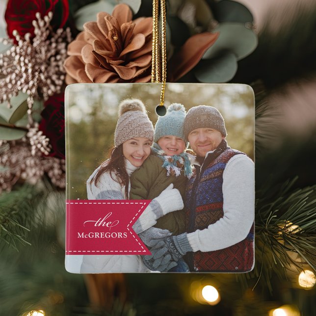 Red Ribbon | Holiday Photo Ceramic Ornament (Creator Uploaded)