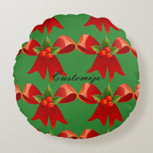 Red Ribbon Holly  Thunder_Cove Round Pillow