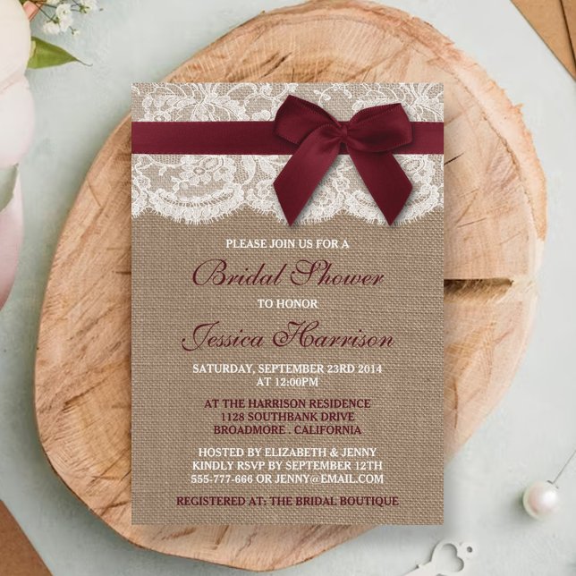 Red Ribbon On Burlap & Lace Bridal Shower Invitation (Creator Uploaded)