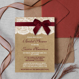 Red Ribbon On Kraft & Lace Bridal Shower Invitation