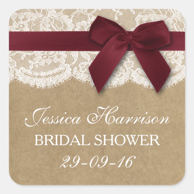 Red Ribbon On Kraft & Lace Bridal Shower Square Sticker (Front)