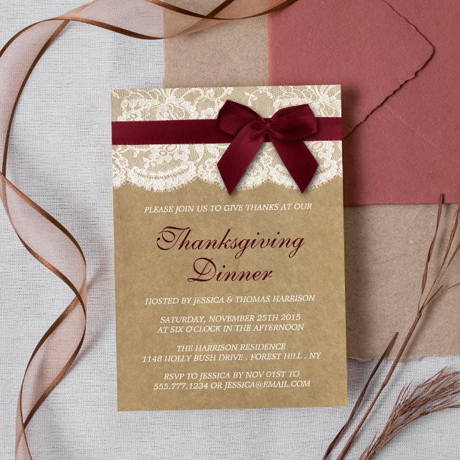 Red Ribbon On Kraft & Lace Thanksgiving Dinner Invitation (Creator Uploaded)