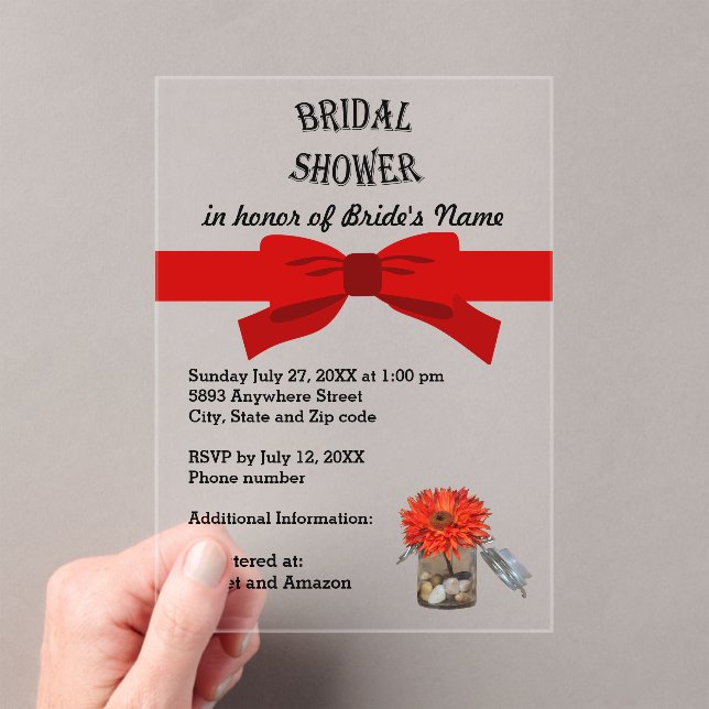 Red Ribbon Orange Flower in Jar Bridal Shower Acrylic Invitations (Insitu (Handheld))