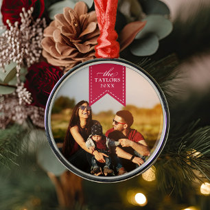 Red Ribbon   Personalized Name & Year Photo Metal Ornament