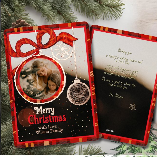 Red Ribbon Plaid  Gold Foil Single Photo Christmas Foil Holiday Card (Red Ribbon Plaid Gold Foil Single Photo Christmas Foil Holiday Card)