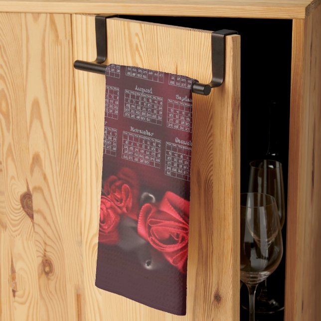 Red Ribbon Roses Border 2023 Calendar Kitchen Towel (Thirds Fold)