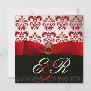 RED RIBBON RUBY WHITE BLACK  DAMASK MONOGRAM INVITATION
