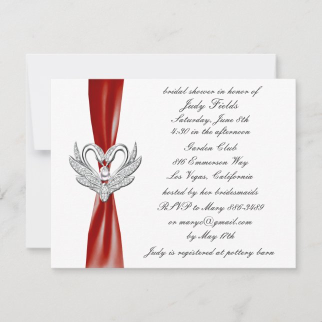 Red Ribbon Silver Swans Bridal Shower Invitation (Front)