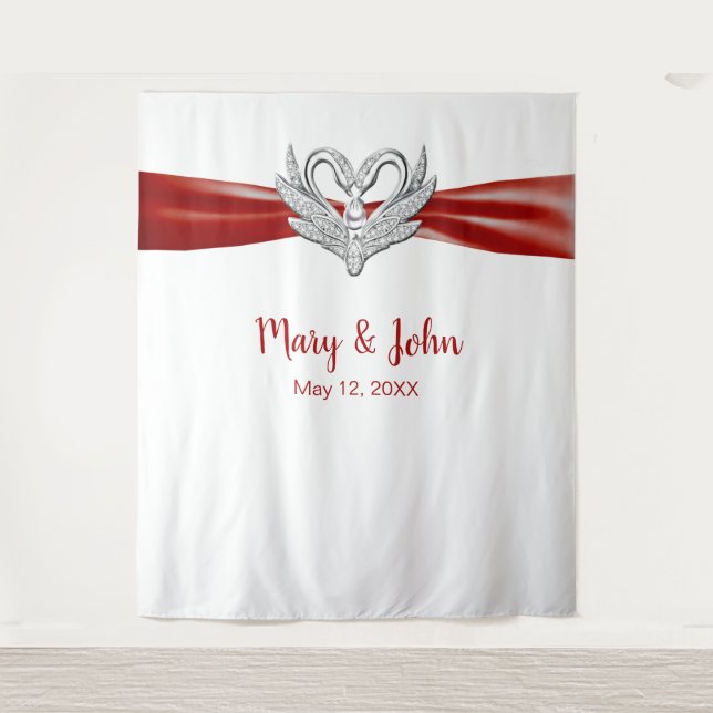Red Ribbon Silver Swans Wedding Backdrop Tapestry (Front)