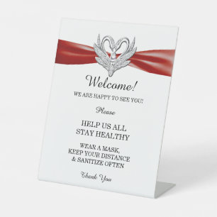 Red Ribbon Silver Swans Wedding Safety  Pedestal Sign