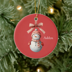 Red Ribbon Snowman Christmas Ceramic Ornament