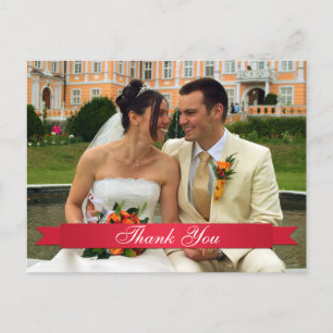 Red ribbon wedding photo custom thank you note postcard