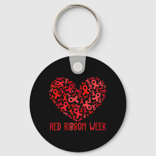 Red Ribbon Week Awareness Heart Ribbon Men Women R Keychain