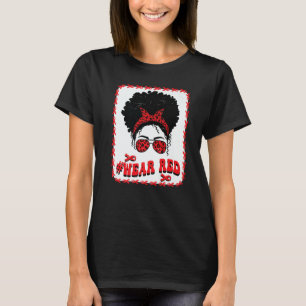 Red Ribbon Week Wink Eye Messy Bun Black Women Gla T-Shirt