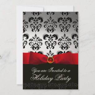 RED RIBBON WHITE BLACK  DAMASK HOLIDAY PARTY Ruby Invitation