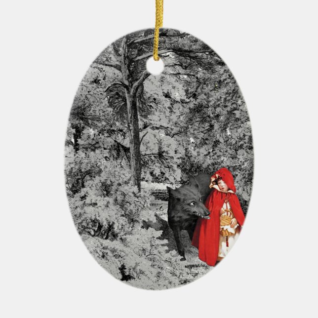 Red Riding Hood and the Wolf (BW) Ceramic Ornament (Front)