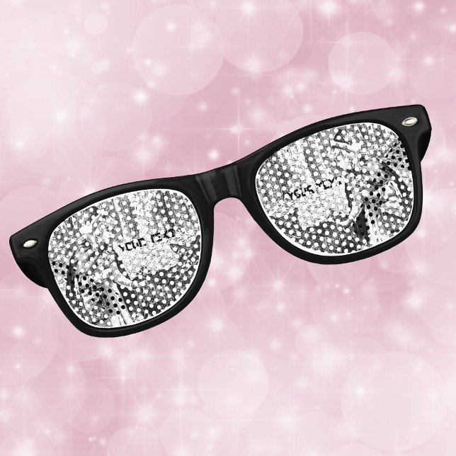Red Riding Hood Fairy Tale Wolf Black White Retro Sunglasses (Little red riding hood with wolf in woods fairy tale on black and white retro party glasses.)