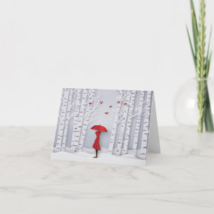 Red Riding Hood with Red Umbrella in Winter Note Card