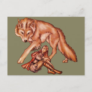 Red Riding Hood with Wolf Cartoon Drawing Postcard