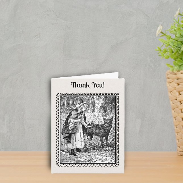 Red Riding Hood Wolf Under Trees Black White Thank You Card (Black white drawing in frame Little Red Riding hood with flowers, in woods with wolf thank you card.)