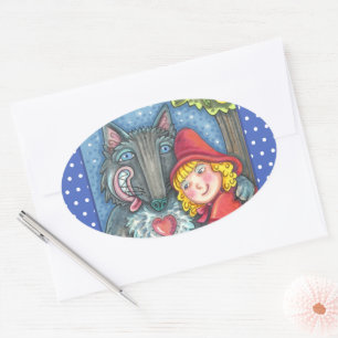 RED RIDING HOOD, WOLVES NEED HUGS TOO VALENTINE OVAL STICKER