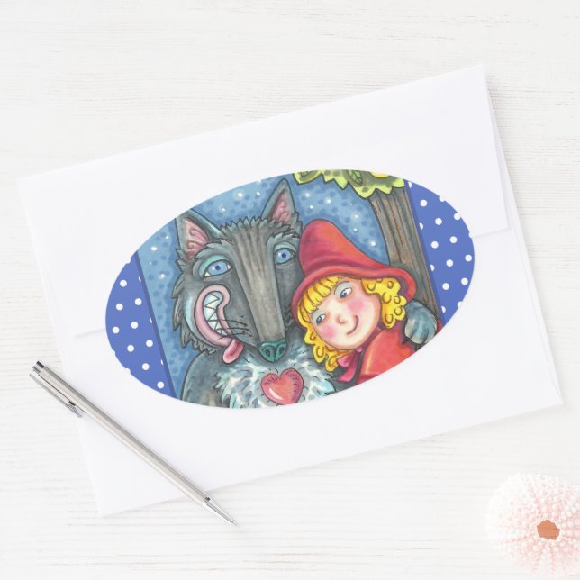 RED RIDING HOOD, WOLVES NEED HUGS TOO VALENTINE OVAL STICKER (Envelope)
