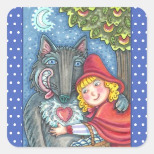 RED RIDING HOOD, WOLVES NEED HUGS TOO VALENTINE SQUARE STICKER