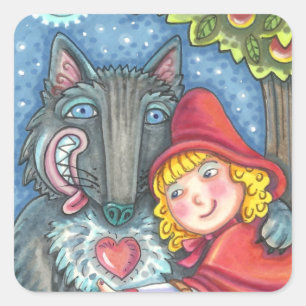 RED RIDING HOOD, WOLVES NEED HUGS TOO VALENTINE SQUARE STICKER