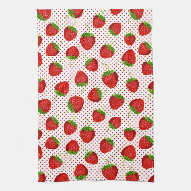 Red Ripe Strawberry and Dots Pattern Kitchen Towel (Vertical)