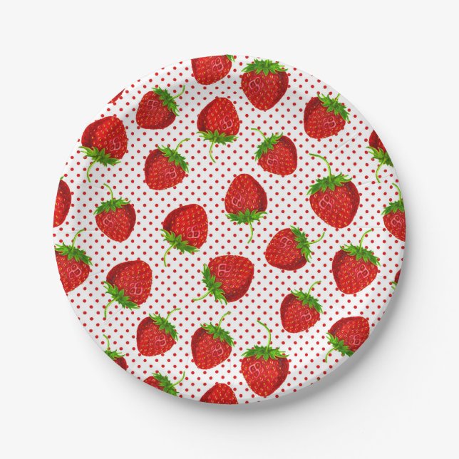 Red Ripe Strawberry and Dots Pattern Paper Plate (Front)